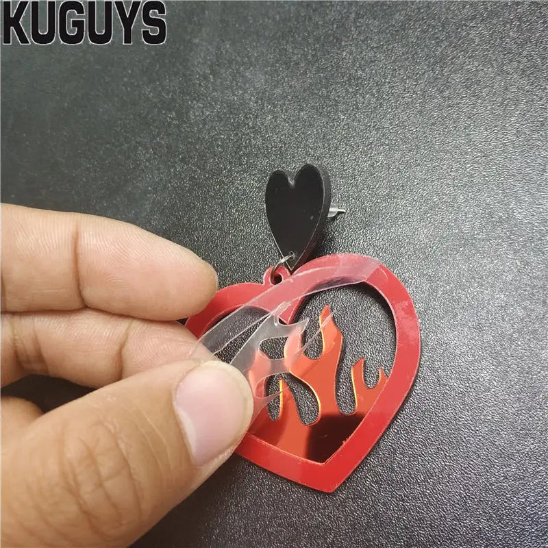 KUGUYS Mirror Red Heart Drop Earrings | Flame Fire Trendy Acrylic Jewelry for Women