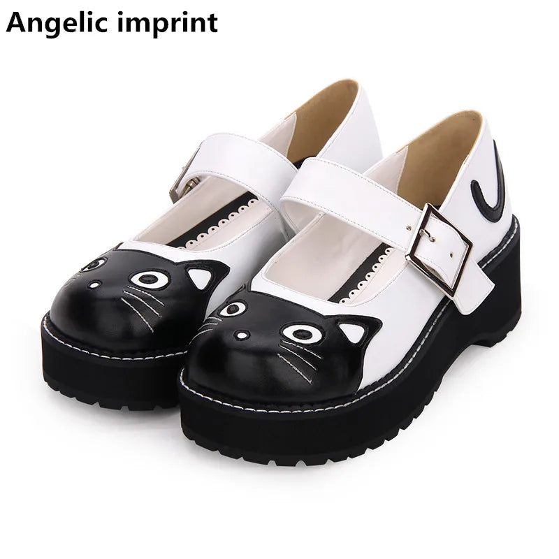 Angelic imprint woman mori girl lolita cosplay shoes lady mid heels wedges pumps women princess dress party shoes cat face 5cm