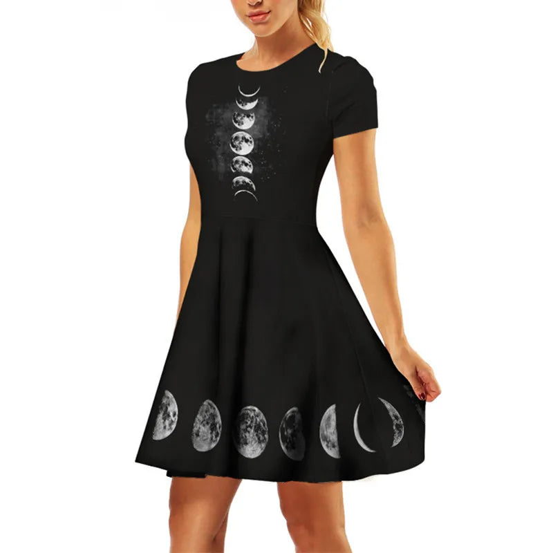 Black Dresses Women Fashion Gothic 3D Moon Phase Printed Short Sleeve A-Line Dress Harajuku Mini Dress