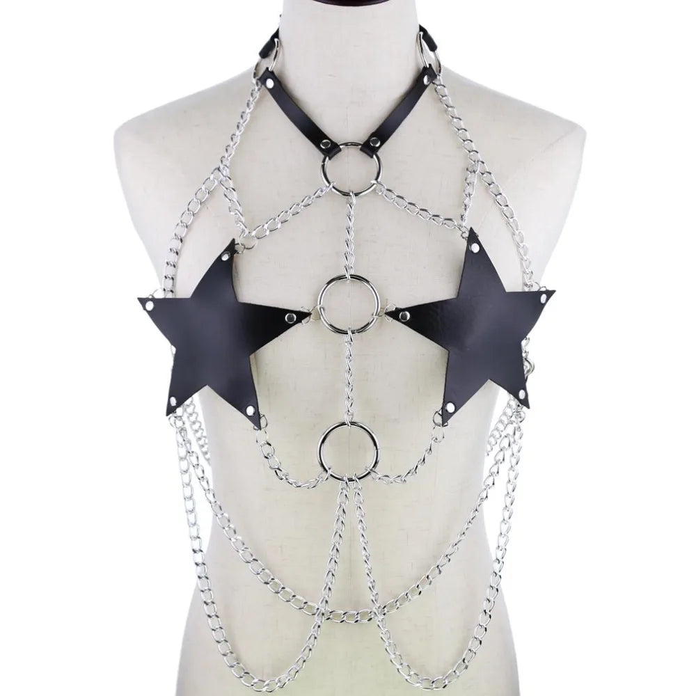 Star chain harness body chain bra goth punk rock emo metal women body jewelry summer accessories festival fashion rave outfit