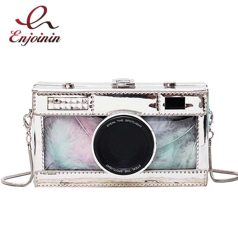 New Camera Design Transparent Colored Feathers Pu Leather Ladies Chain Purse Daily Clutch Shoulder Bag Tote Women Pouch Handbag