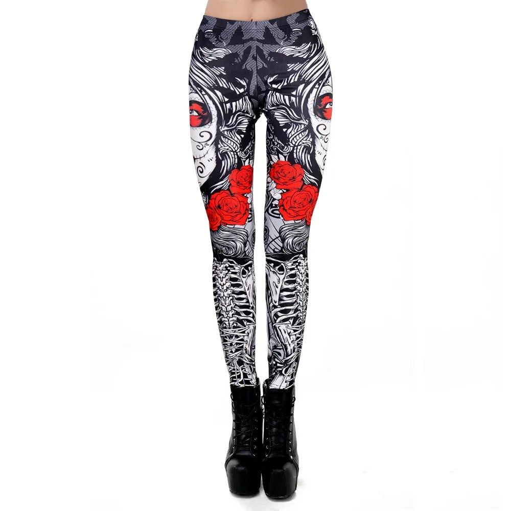 [You're My Secret] New Fitness Leggings Horror Skull Print for Women, Rose Halloween Party Wear