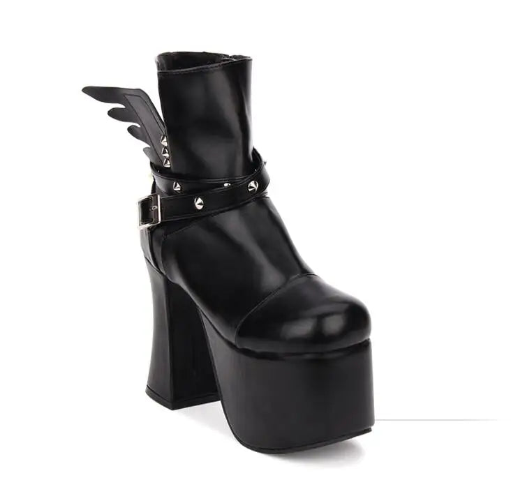 Angelic imprint mori girl Women motorcycle punk shoes lady super high heels lolita boots woman princess pumps wings 33-47 12.5cm