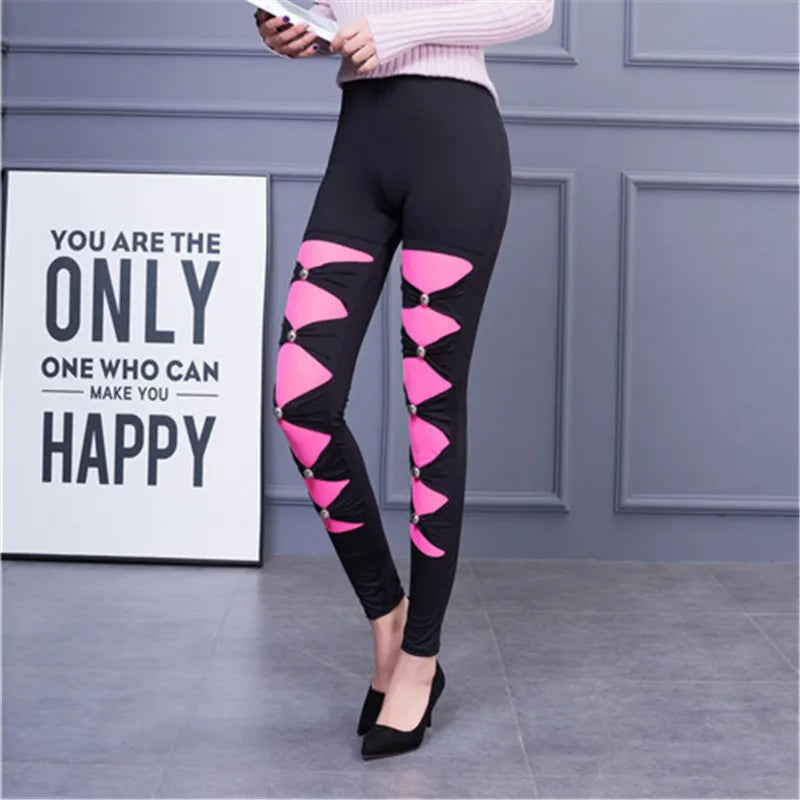 Women's High Street Fashion Mesh Leggings - Lady Fitness Elastic Silver Jewelry Pencil Pants with Punk Rock Striped Bow Detail