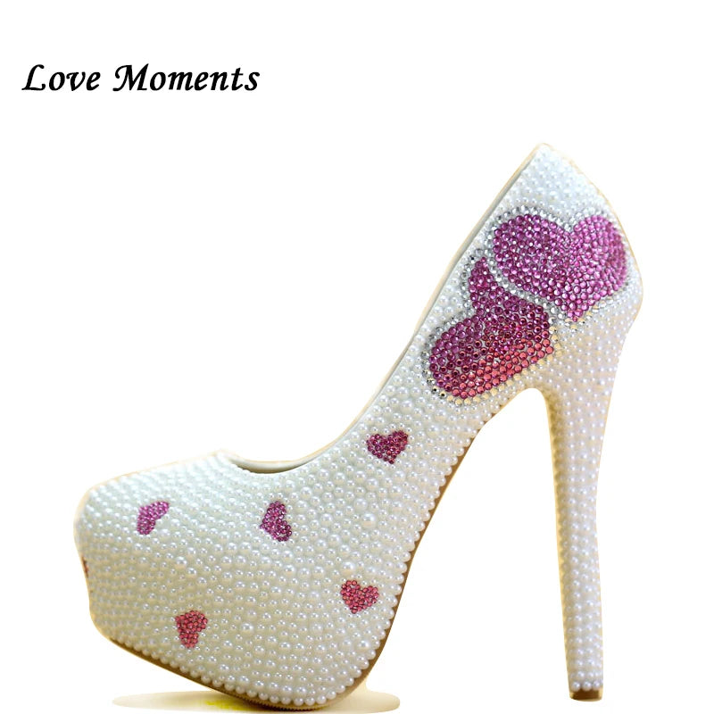 Love Moments White Pearl-Encrusted Stiletto High Heels – Round Toe Dress Shoes for Women