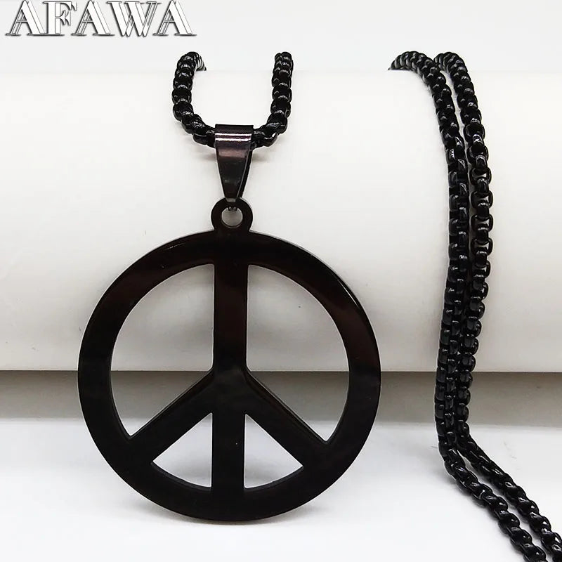 Peace Sign Symbol Pendant Necklace Men Black Color Stainless Steel Peaceful Match Chain Jewerly cadenas mujer N438S02