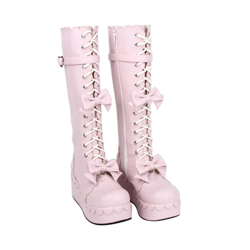 Angelic imprint mori girl Women punk motorcycle boots lady lolita Boots woman princess high heels pumps wedges shoes bowtie 47