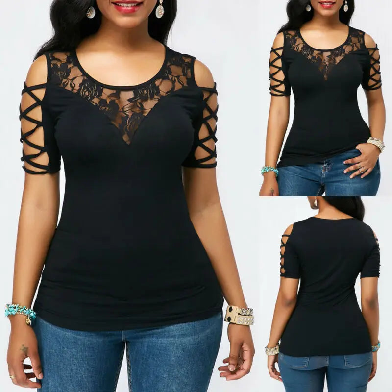 Women's Fashion Cold Shoulder T-Shirt - Round Neck, Floral Lace, Slim Fit, Short Sleeve Summer Top