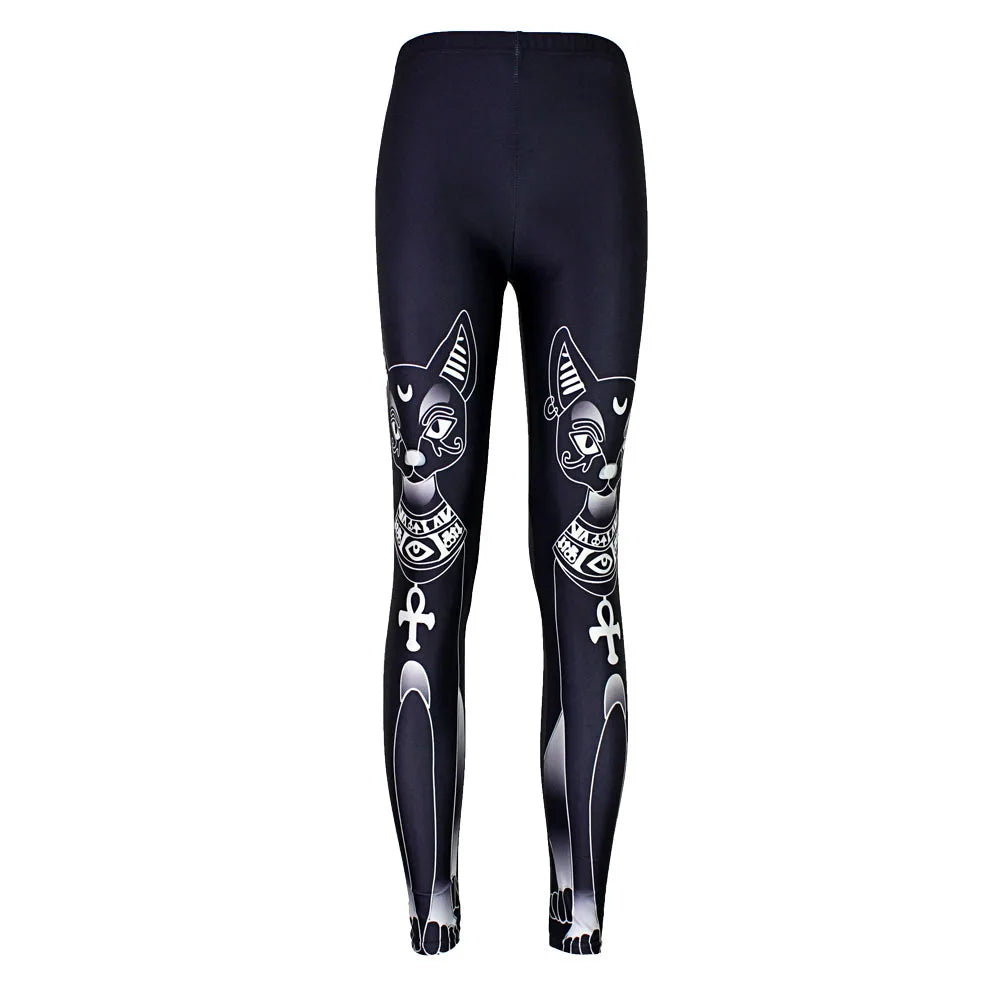 [You're My Secret] Cartooon Black Pants Gothic Long-eared Cat Printed Leggings For Workout Mid Waist Ankle Pant Female Summer