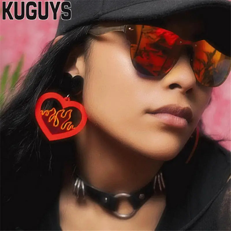 KUGUYS Mirror Red Heart Drop Earrings | Flame Fire Trendy Acrylic Jewelry for Women