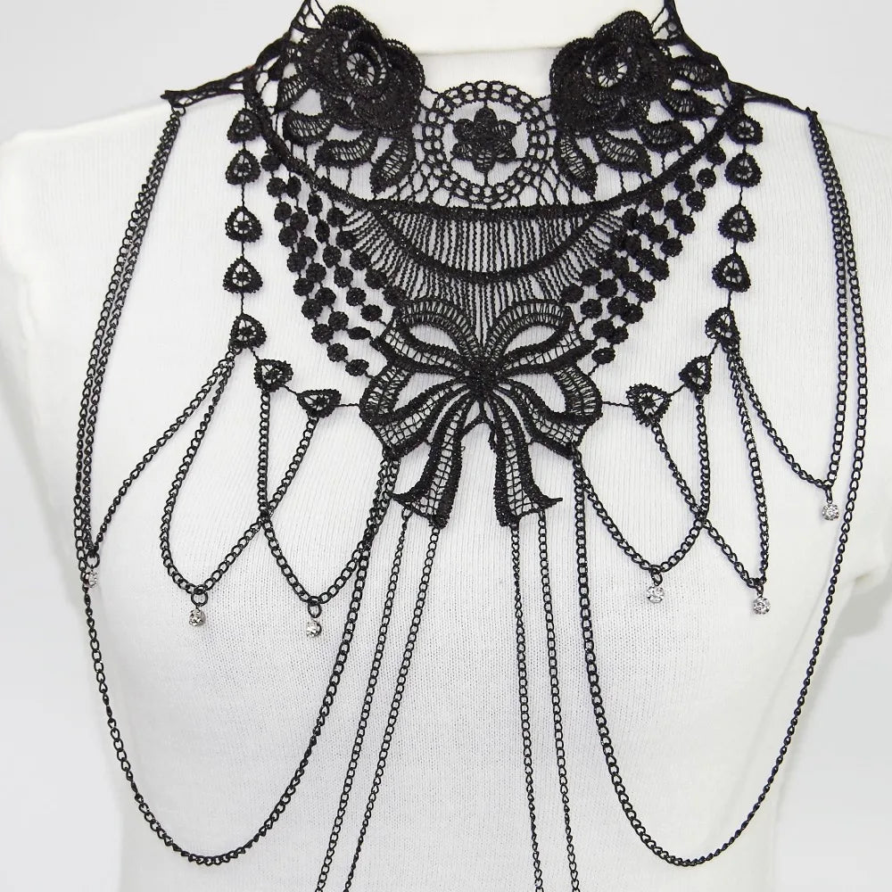 Black Lace Body Chain Jewelry - Women's Gothic Accessories for Cosplay and Halloween Costumes