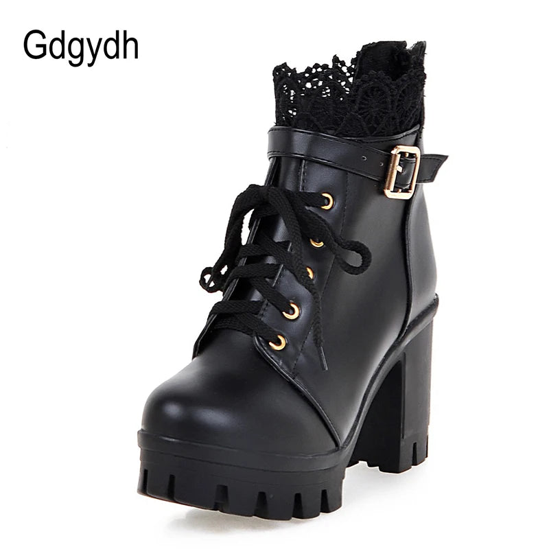 Gdgydh Wholesale Lace Ankle Boots Thick High Heels Women Boots Sexy Lacing Round Toe Platform Ladies Shoes Large Sizes 34-43