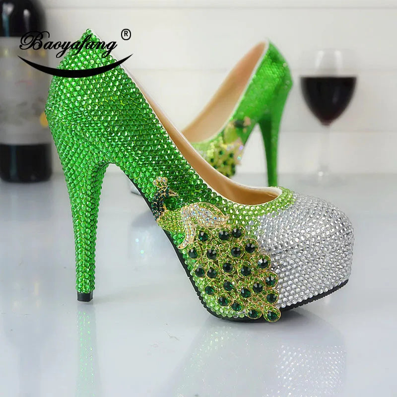 Women's Wedding Shoes – Green Rhinestone Phoenix Design, Round-Headed High-Heeled Crystal Shoes