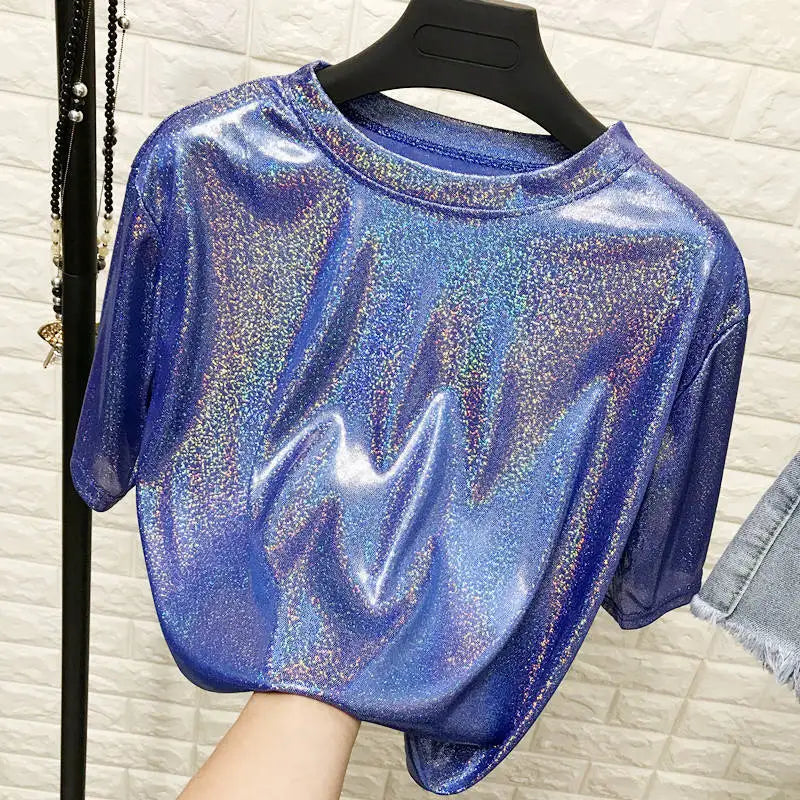 Holographic Festival Style Shimmering Metallic Silky Women’s Crew Neck Short Sleeved Top