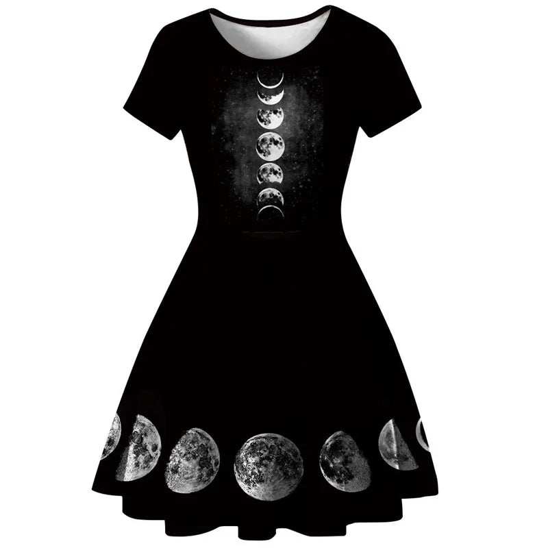 Black Dresses Women Fashion Gothic 3D Moon Phase Printed Short Sleeve A-Line Dress Harajuku Mini Dress