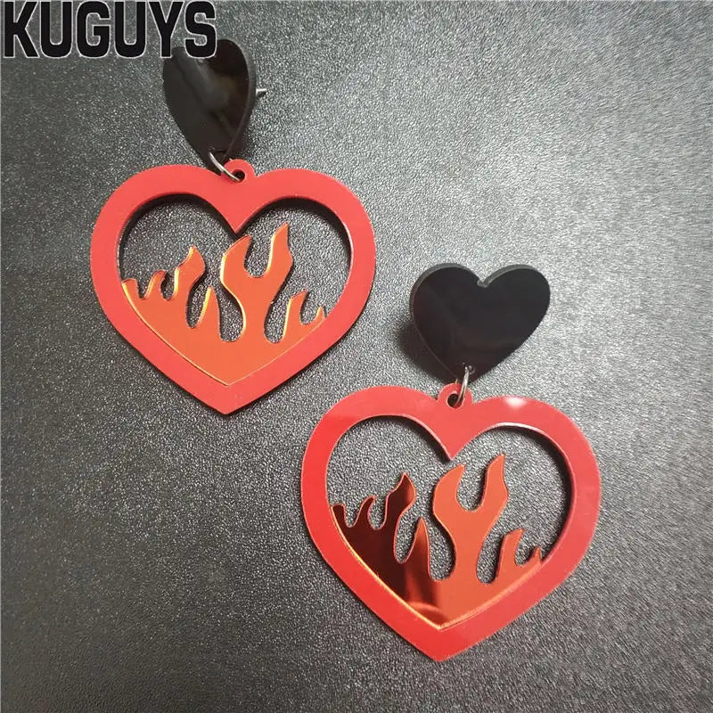 KUGUYS Mirror Red Heart Drop Earrings | Flame Fire Trendy Acrylic Jewelry for Women