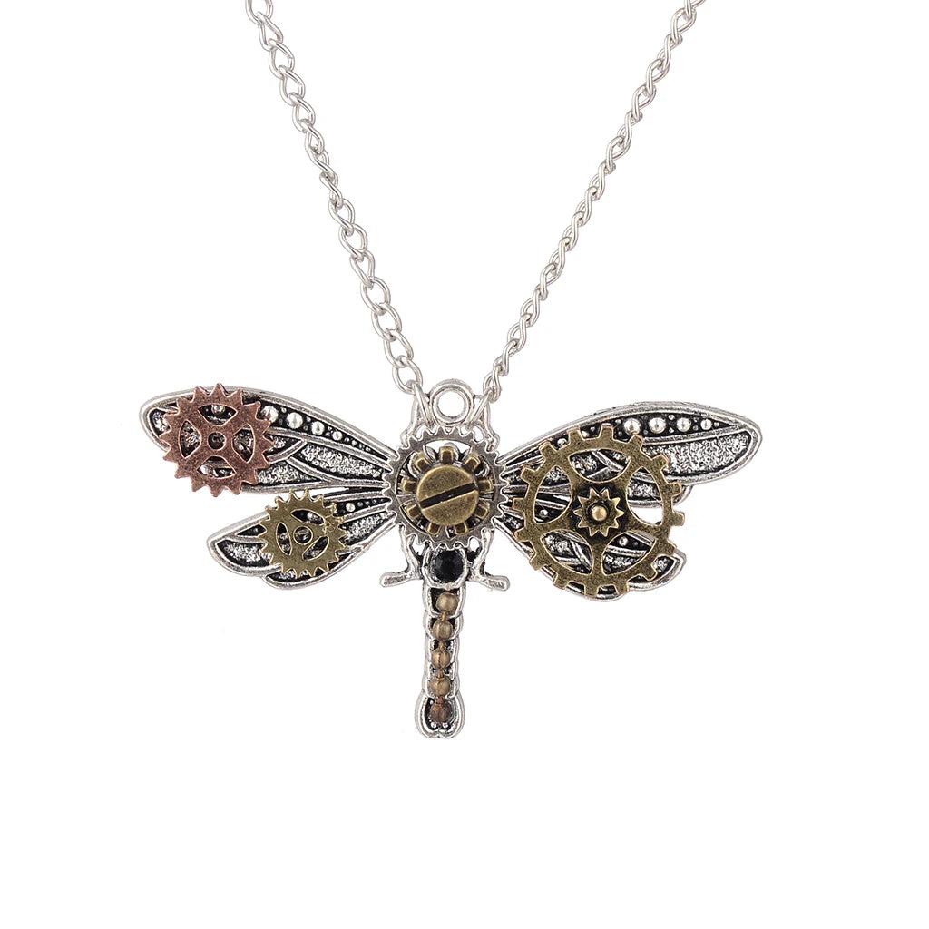 Exquisite Fashion Gear Dragonfly Steampunk Pendant Necklace | Novel Design with Long Silver Alloy Chain for Women