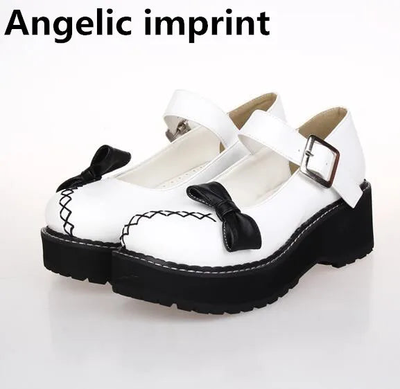 Angelic imprint woman mori girl lolita cosplay shoes lady high trifle heels wedges pumps women motocycle punk shoes bowtie 34-44