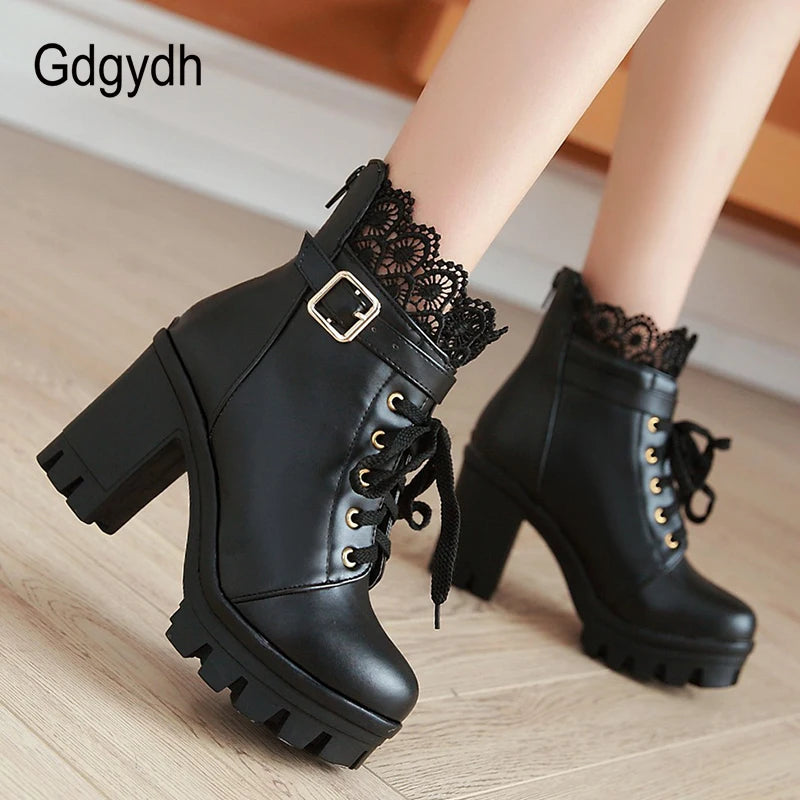 Gdgydh Wholesale Lace Ankle Boots Thick High Heels Women Boots Sexy Lacing Round Toe Platform Ladies Shoes Large Sizes 34-43