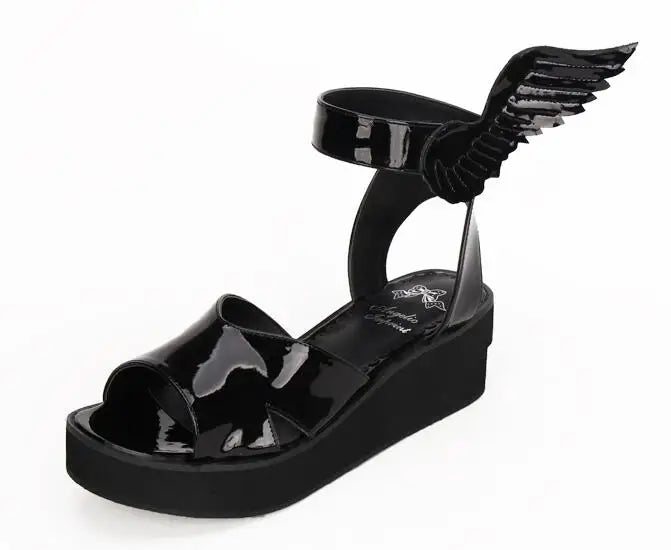 Angelic Imprint Women's Lolita Cosplay Shoes - Mid-Heel Wedges with Black Angel Wing Ankle Accents, Summer Sandals