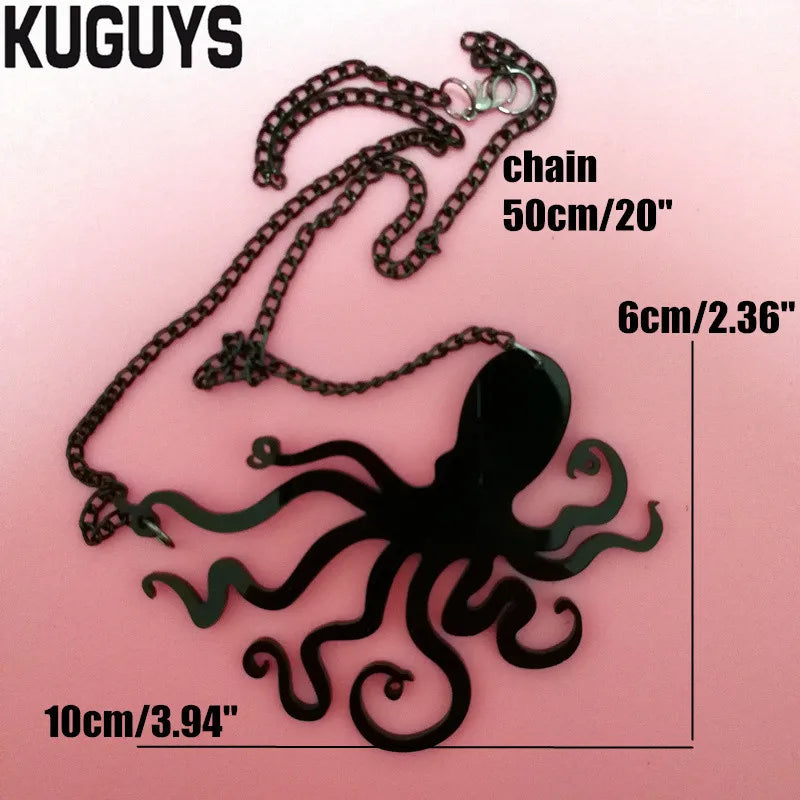 KUGUYS Octopus Tentacles Jewelry Set - Hip-Hop Fashion, Black Acrylic Earrings & Pendant Necklace with Link Chain