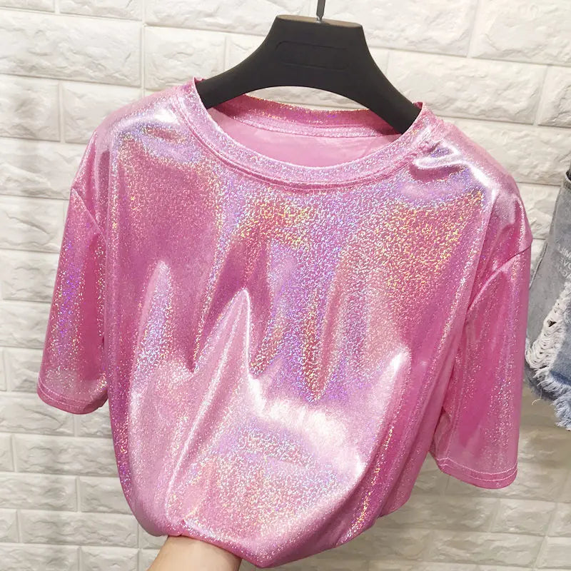 Holographic Festival Style Shimmering Metallic Silky Women’s Crew Neck Short Sleeved Top