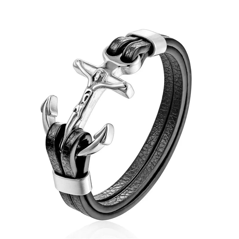 YIZIZAI Genuine Leather Anchor Bracelet Men Lion Double Wolf Shackles Stainless Steel Charm Bracelets Wristband Fashion Jewelry