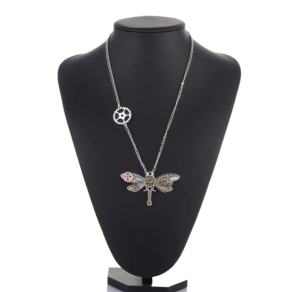 Exquisite Fashion Gear Dragonfly Steampunk Pendant Necklace | Novel Design with Long Silver Alloy Chain for Women