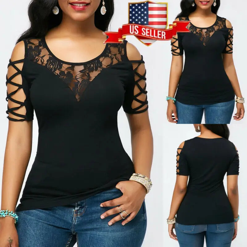 Women's Fashion Cold Shoulder T-Shirt - Round Neck, Floral Lace, Slim Fit, Short Sleeve Summer Top