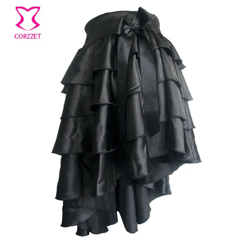 Victorian Black Ruffle Satin Layered Asymmetrical Gothic Skirt with Bow for Women