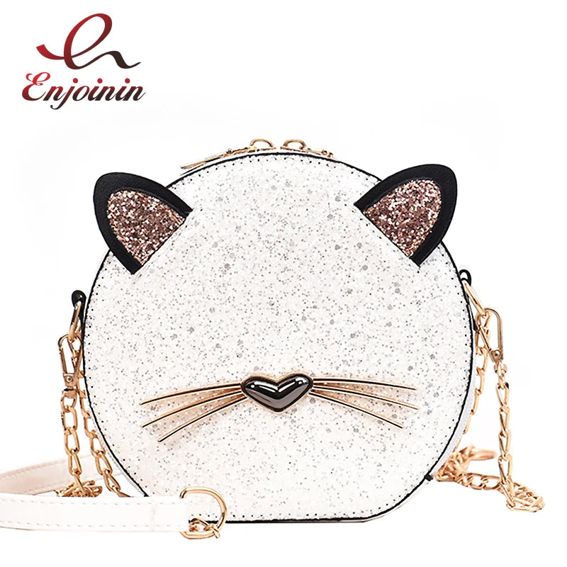 Cute Fashion Round Cat Design Leopard Pu Leather Women Shoulder Bag Handbag Crossbody Bag Girl's Purse Totes Bolsa Clutch Bag