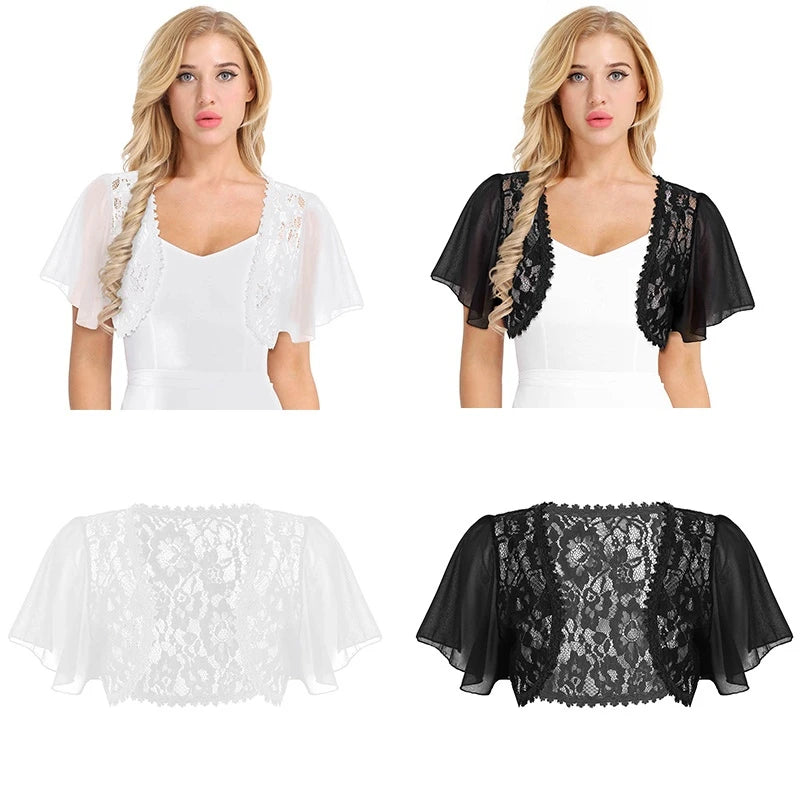 Sexy Bolero for Women | Black White Lace Elegant Ladies Shrug | Short Bell Sleeve Cropped Jacket for Wedding, Evening, Prom