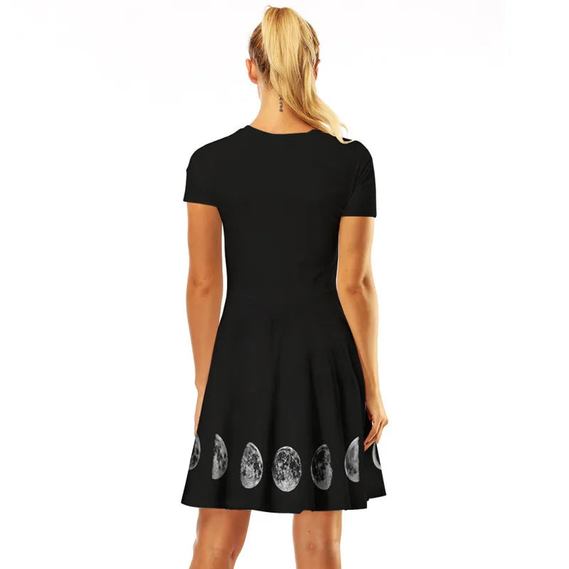 Black Dresses Women Fashion Gothic 3D Moon Phase Printed Short Sleeve A-Line Dress Harajuku Mini Dress