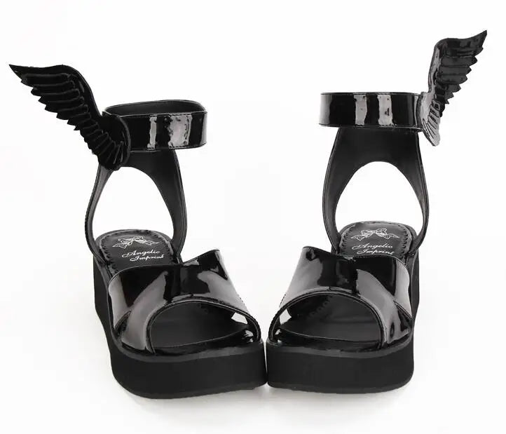 Angelic Imprint Women's Lolita Cosplay Shoes - Mid-Heel Wedges with Black Angel Wing Ankle Accents, Summer Sandals