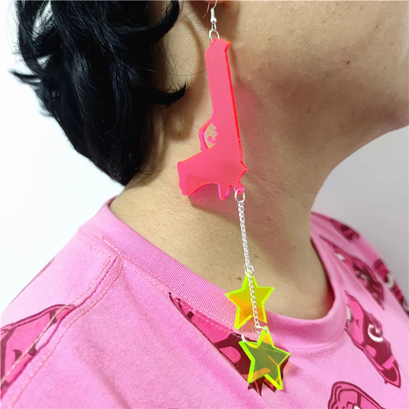 17cm/6.69'' Long Tassel Drop Earrings for Women, Gun and Stars Silver Color Link Chain, Pink Green Hiphop Rock Acrylic Jewelry