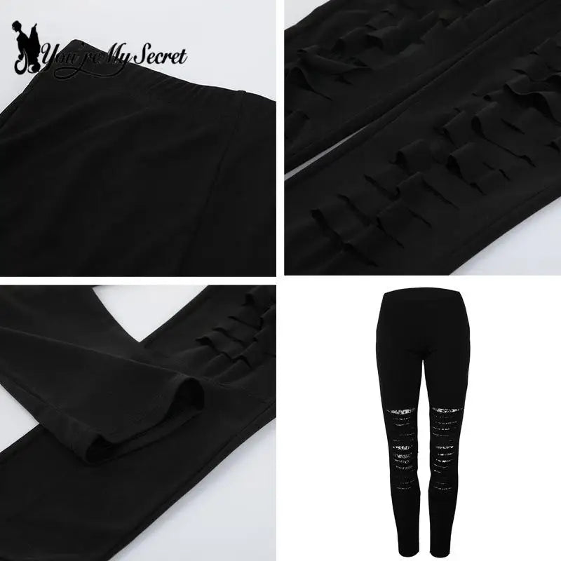 [You're My Secret] Shredded Leggings For Women Gothic Lace Workout Leggings Mid-Waist Slim Sexy Leggins Fitness Outside Legins