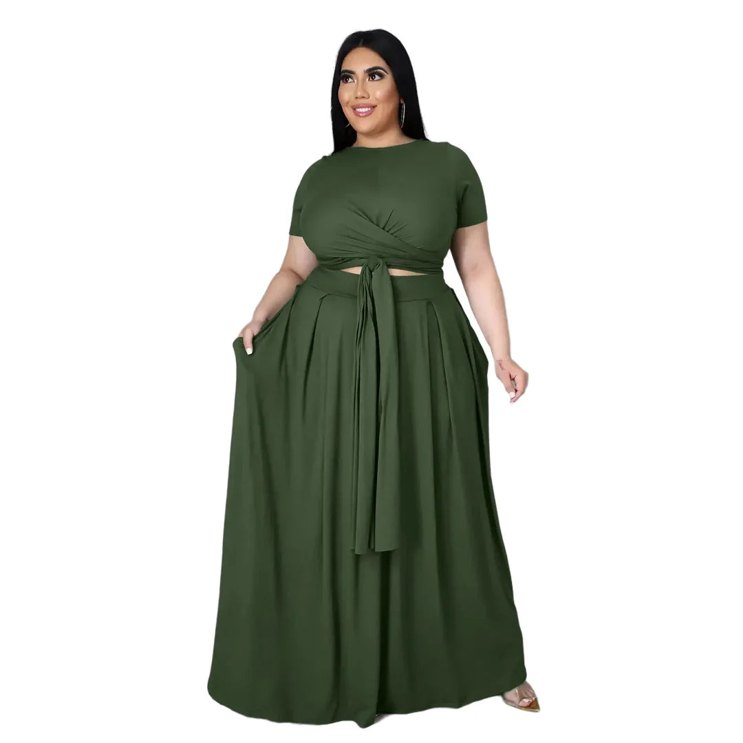 Plus Size Summer Two-Piece Set – Elegant Solid Cross Bandage Skirt and Short Sleeve Top, Women’s Outfit