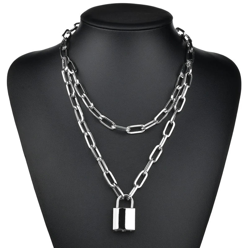 Cute Punk Goth Style Simple Chain Link Lock Pendant Necklaces