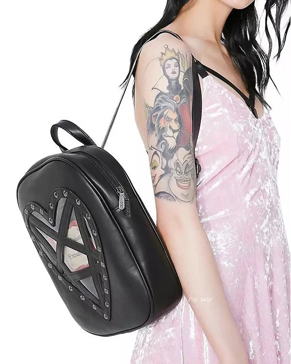 Harajuku Goth Heart-Shaped Backpack for Women - Studded Shoulder School Bag, Punk Hollow Out Leather Travel Bag with Rivets