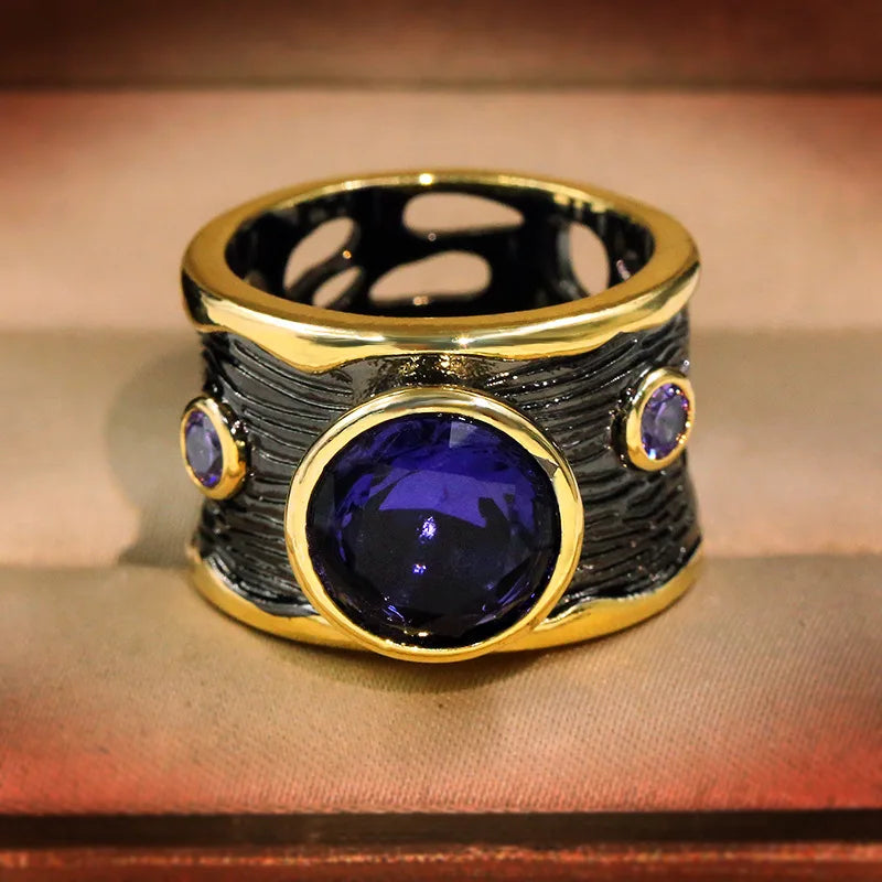 SSilver Plate Large Round Cut Amethyst Ring, Women's Vintage Black Gold Cocktail Ring, Italian Jewelry Antique Design