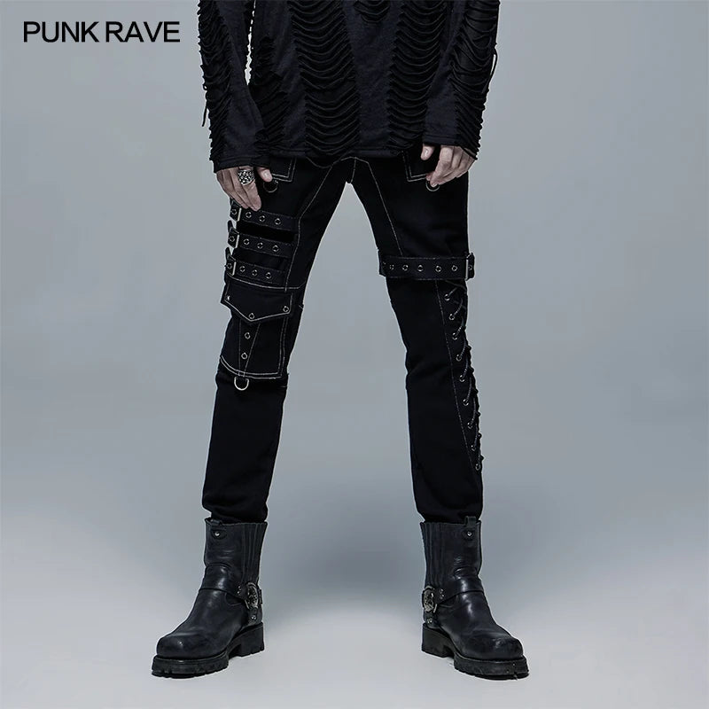 PUNK RAVE Men's Punk Coarse Twill Woven Straight Long Pants Gothic Daily Handsome cool Men Pencil Trousers Streetwear