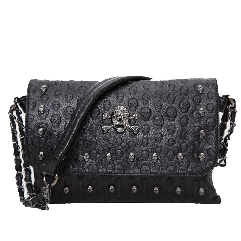 JIEROTYX New Arrival Gothic Skull Handbag - Black Rivet Chain Messenger Crossbody Shoulder Bag for Women