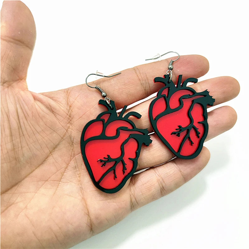 KUGUYS Hot Pink Red Heart Drop Earrings | Cute Black Blood Vessel Jewelry for Women and Girls