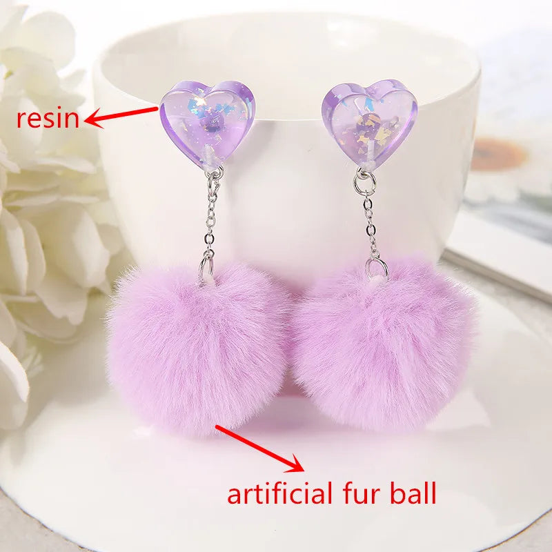 1 Pair Cute Heart Resin Stud Earrings with Puffer Ball – Fashion Jewelry for Women, Perfect Gift