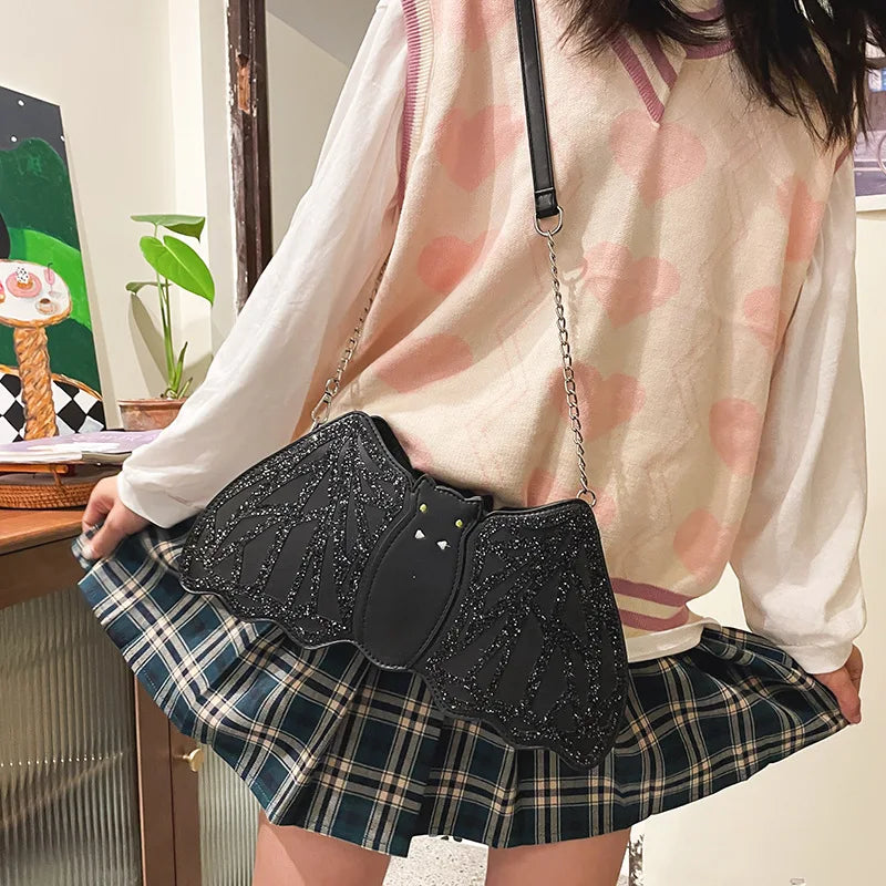 Fashion Embroidered Sequin Bat-Shaped PU Messenger Bag - Women's Black Bat Crossbody Shoulder Bag