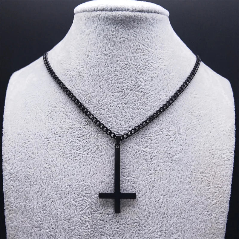 Stainless Steel Gothic Upside Down Cross Necklace Man Black Punk Inverted Cross Men Chains Goth Jewelry collar hombre N8006