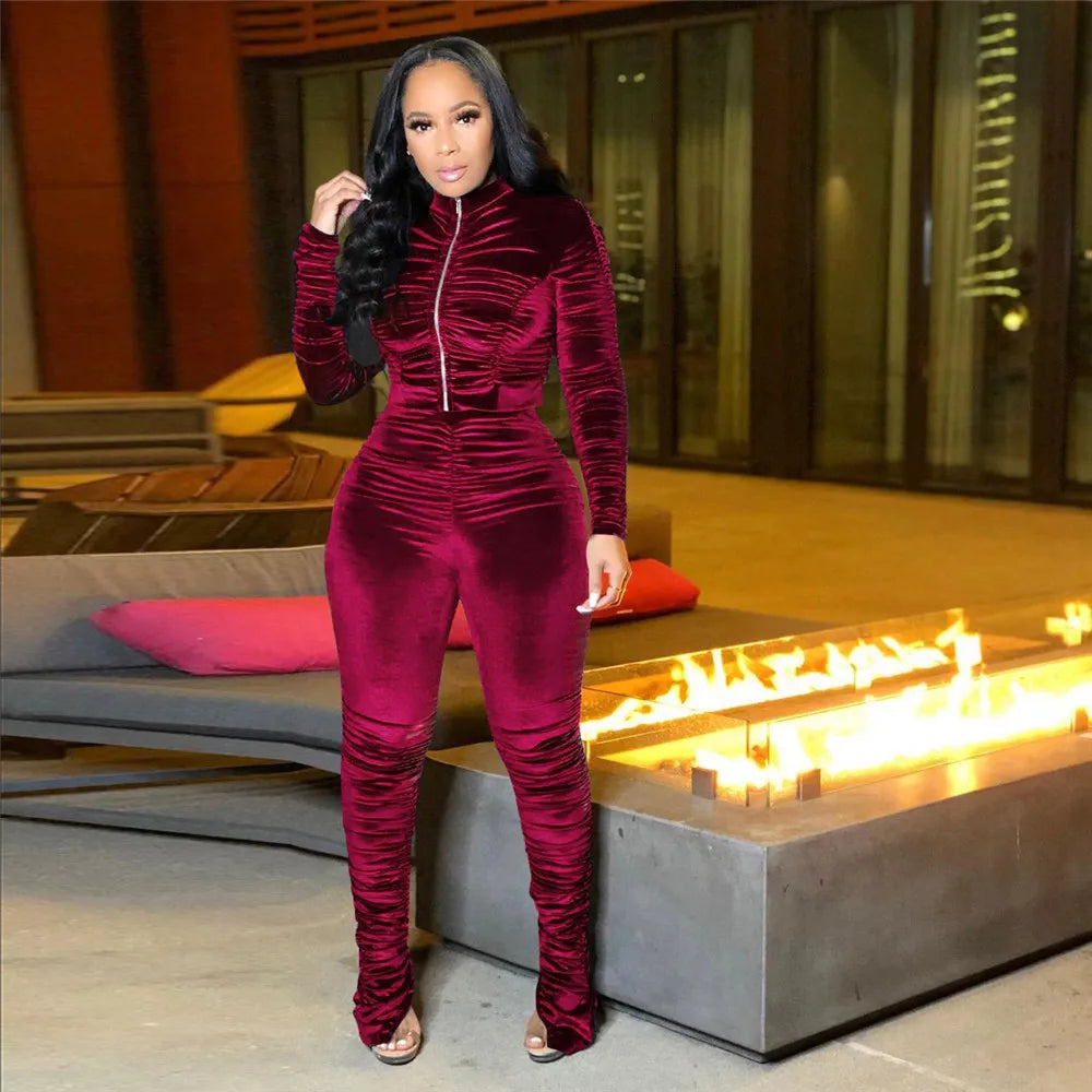 Autumn Winter Velvet Tracksuit – Women’s Ruched Velour Two-Piece Set, Casual Top and Pants Sweat Suit