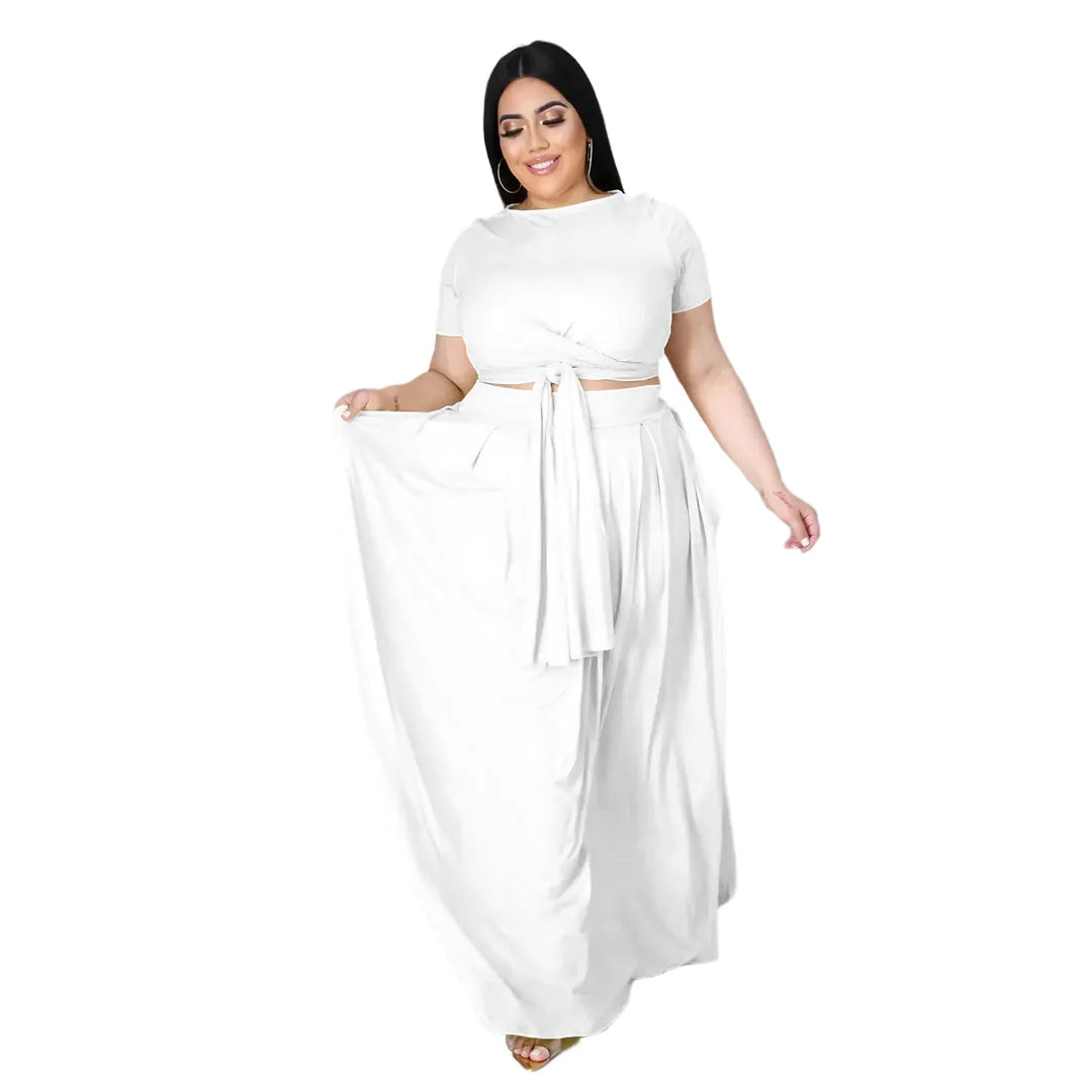 Plus Size Summer Two-Piece Set – Elegant Solid Cross Bandage Skirt and Short Sleeve Top, Women’s Outfit