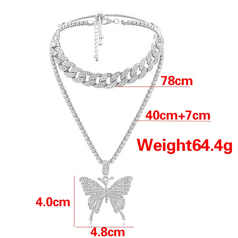 Butterfly Pendant Necklace Set Rhinestone Hip Hop Jewelry Women Bling Cuban Link Chain