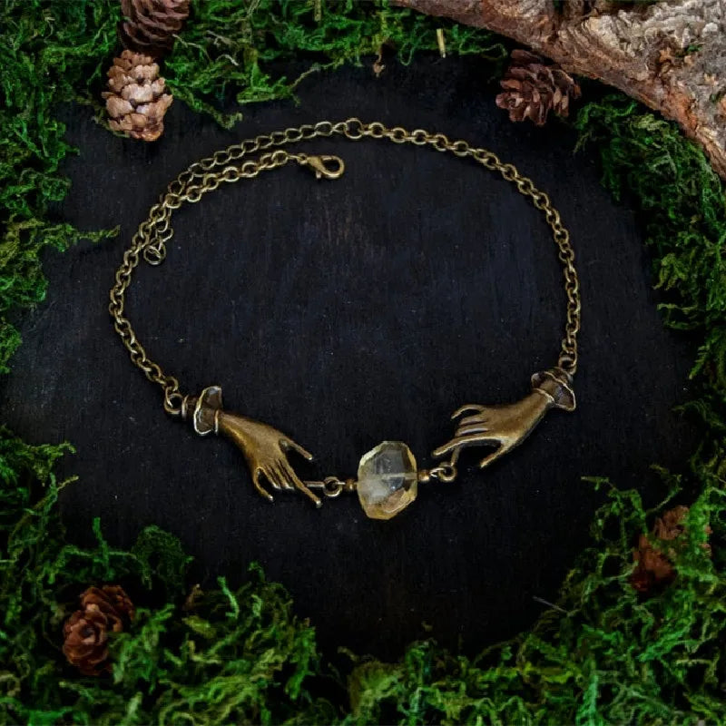 Magical Witchy Chain Choker Necklace – Bronze Hands with Yellow Citrine Stone Pendant, Fashion Statement Jewelry Gift for Women